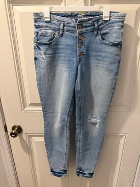 edgely Light Blue Skinny Button-Fly Distressed Jeans mid rise Super Skinny